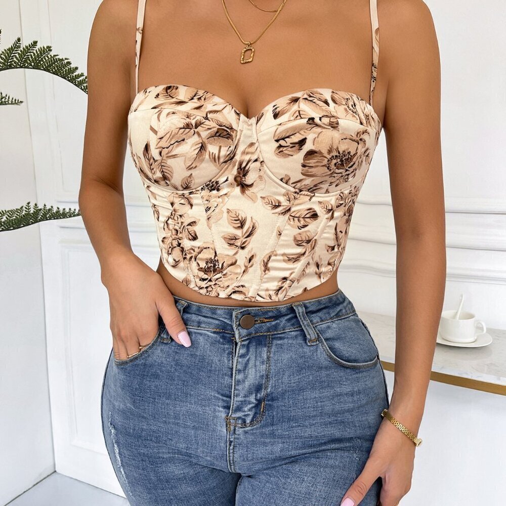 Multicolor Boho Women's Floral Print Lace Up Back Crop Cami Top - Picture 5 of 6